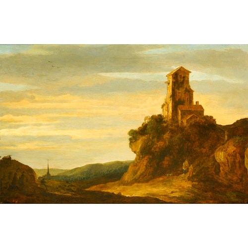 A Hilly Landscape with Wanderers at the Foot of a Castle Ruin